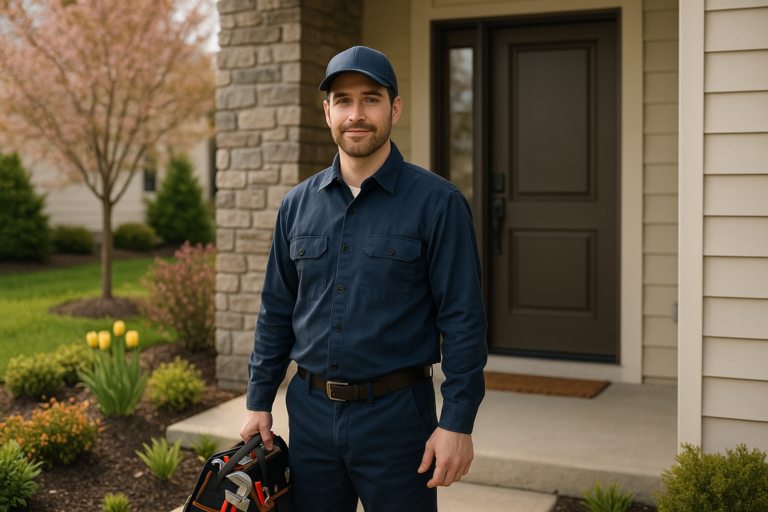 Photorealistic Professional Plumber In Clean Navy Uniform Standing At The Front Door Of A Modern Dub