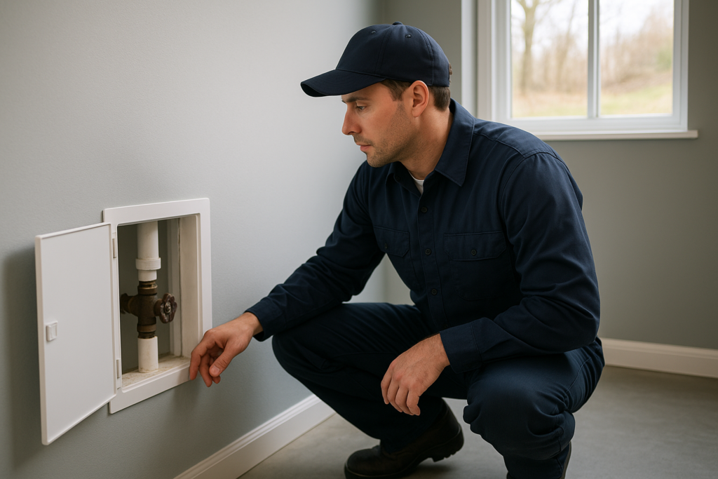 Photorealistic professional plumber in clean navy uniform kneeling beside an open pipe access panel