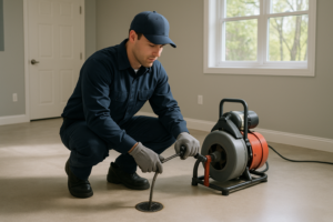 Photorealistic professional plumber in clean navy uniform using a drain snake machine near a basemen