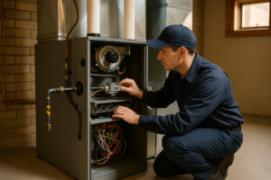 Photorealistic professional HVAC technician in clean navy uniform inspecting a residential gas furna