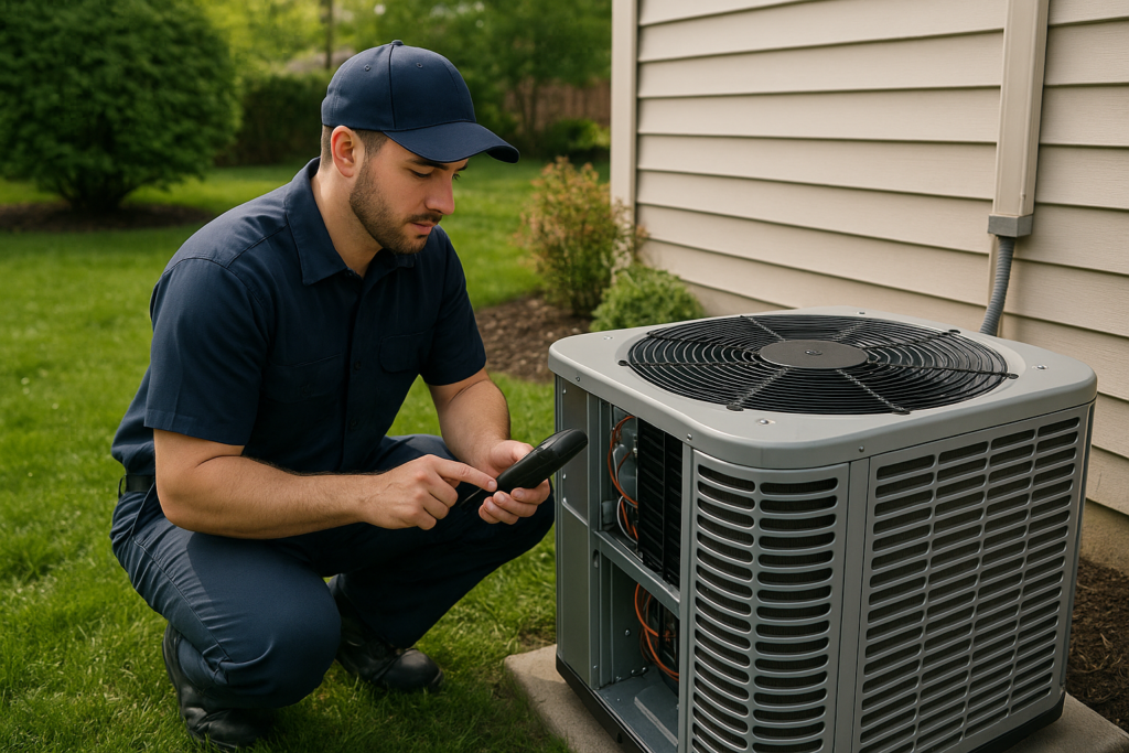 Photorealistic professional HVAC technician in clean navy uniform inspecting a residential outdoor A