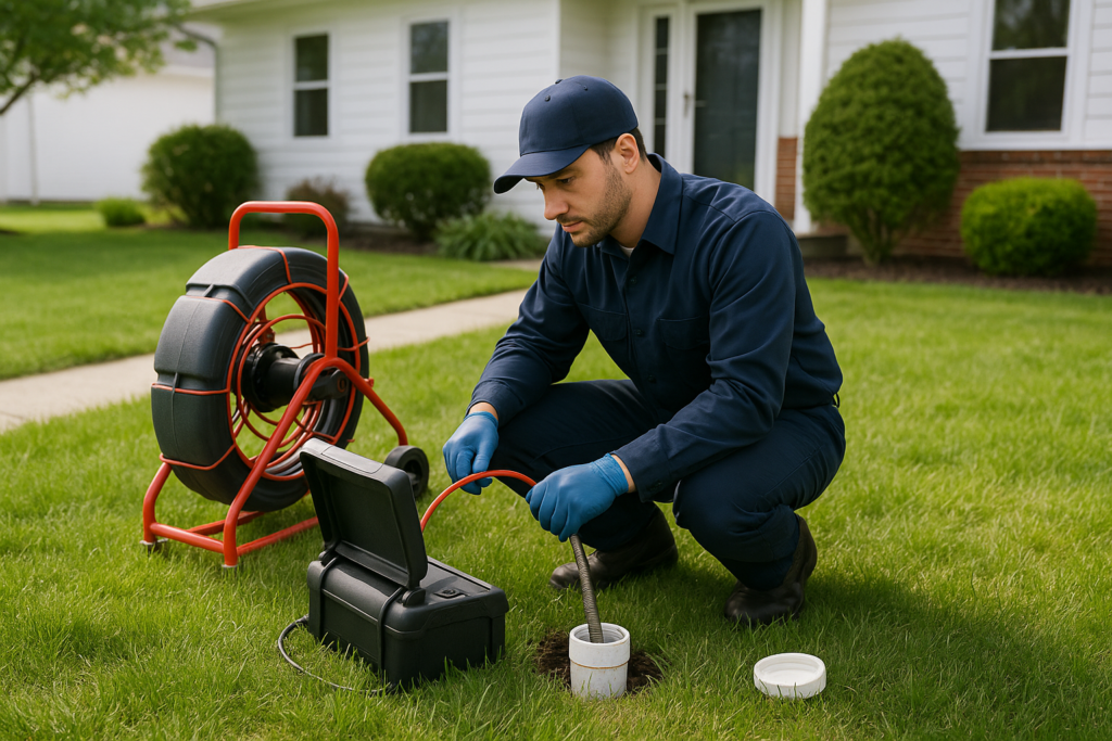Photorealistic professional plumber in clean navy uniform performing sewer camera inspection at a re