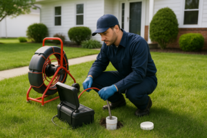 Photorealistic professional plumber in clean navy uniform performing sewer camera inspection at a re