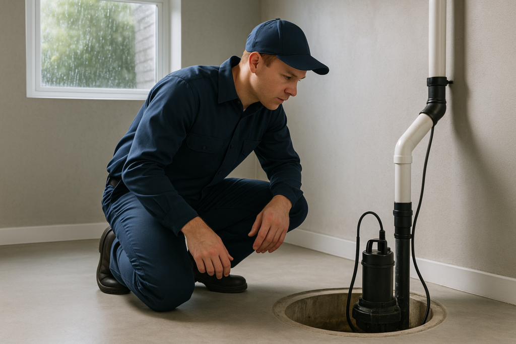 Photorealistic professional plumber in clean navy uniform inspecting a sump pump pit in a modern Wor