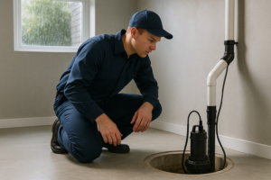 Photorealistic professional plumber in clean navy uniform inspecting a sump pump pit in a modern Wor