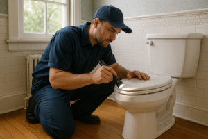Photorealistic professional plumber in clean navy uniform kneeling beside a white toilet in a well-l