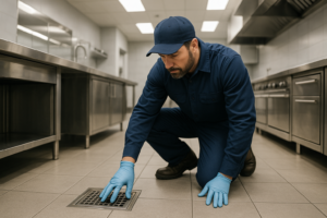 Photorealistic professional plumber in clean navy uniform inspecting a floor drain in a modern comme