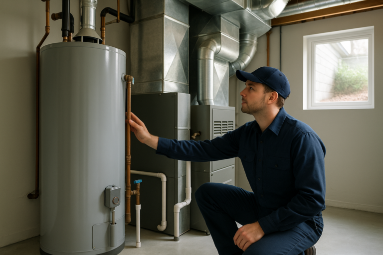 Photorealistic Professional Plumber And Hvac Technician In Clean Navy Uniform Inspecting A Residenti
