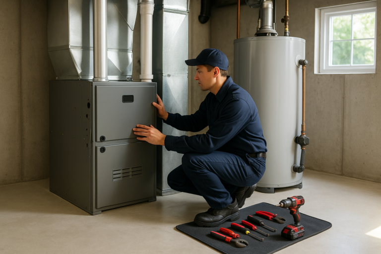 Photorealistic Professional Technician In Clean Navy Uniform Inspecting Both A Furnace And Water Hea