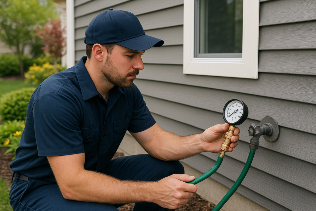 Photorealistic professional plumber in clean navy uniform using a pressure gauge on an outdoor hose