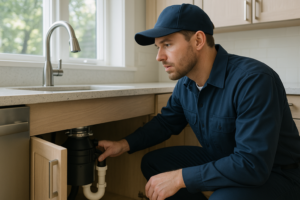 Photorealistic professional plumber in clean navy uniform inspecting a garbage disposal unit under a