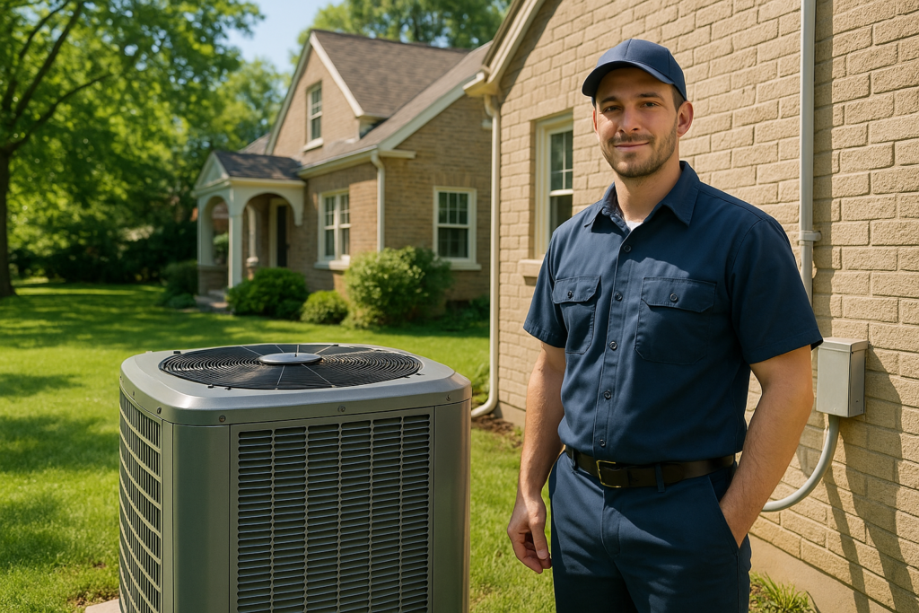 Photorealistic professional HVAC and plumbing technician in clean navy uniform standing beside an ou