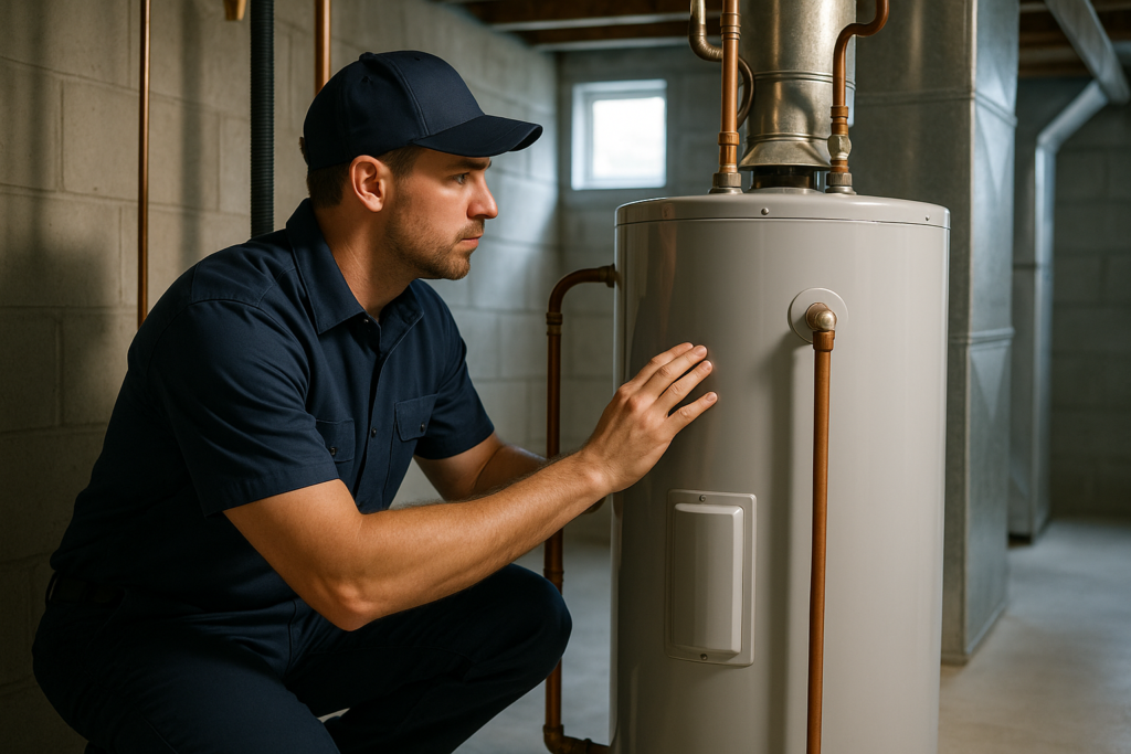 Photorealistic professional plumber in clean navy uniform inspecting a tank-style water heater in a
