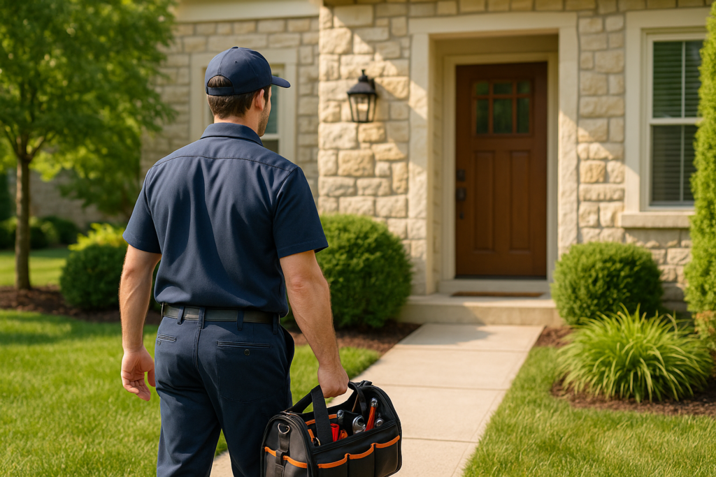 Photorealistic professional plumber in clean navy uniform arriving at a well-maintained Dublin Ohio