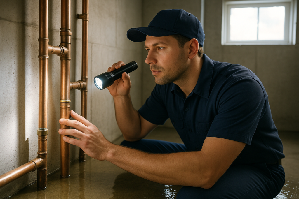 Photorealistic professional plumber in clean navy uniform using a flashlight to inspect copper pipes