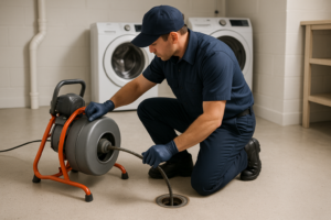 Photorealistic professional plumber in clean navy uniform using a motorized drain cable to clear a c