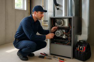 Photorealistic professional HVAC technician in clean navy uniform inspecting a residential gas furna