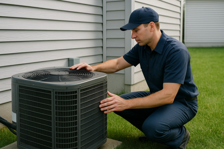 Photorealistic Professional Hvac Technician In Clean Navy Uniform Inspecting An Outdoor Air Conditio