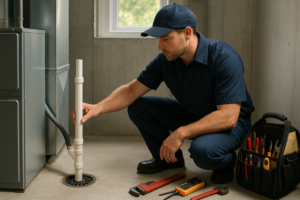 Photorealistic professional HVAC and plumbing technician in clean navy uniform inspecting an AC cond