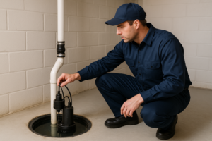 Photorealistic professional plumber in clean navy uniform inspecting a sump pump system in a well-li