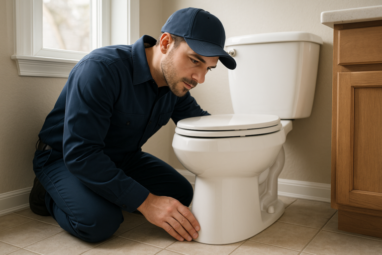 Photorealistic Professional Plumber In Clean Navy Uniform Kneeling Beside A White Porcelain Toilet I