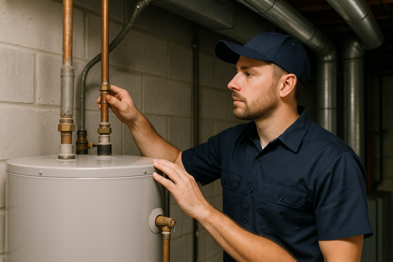 Photorealistic Professional Plumber In Clean Navy Uniform Inspecting A Residential Water Heater In A