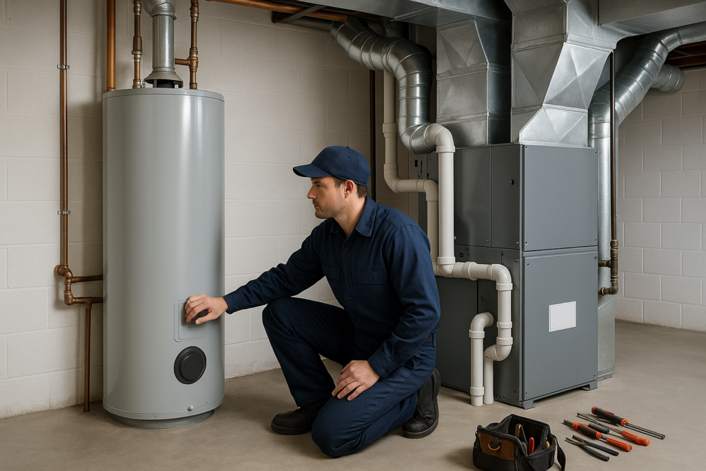 Photorealistic professional technician in clean navy uniform inspecting a water heater and HVAC air