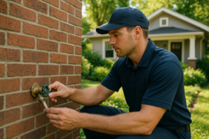 Photorealistic professional plumber in clean navy uniform inspecting an outdoor hose bib on the exte