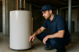 Photorealistic professional plumber in clean navy uniform inspecting a standard tank water heater in
