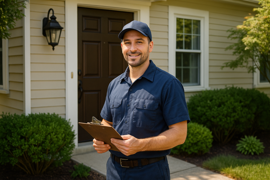 Photorealistic professional plumber in clean navy uniform standing at the front door of a well-maint