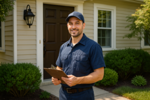 Photorealistic professional plumber in clean navy uniform standing at the front door of a well-maint