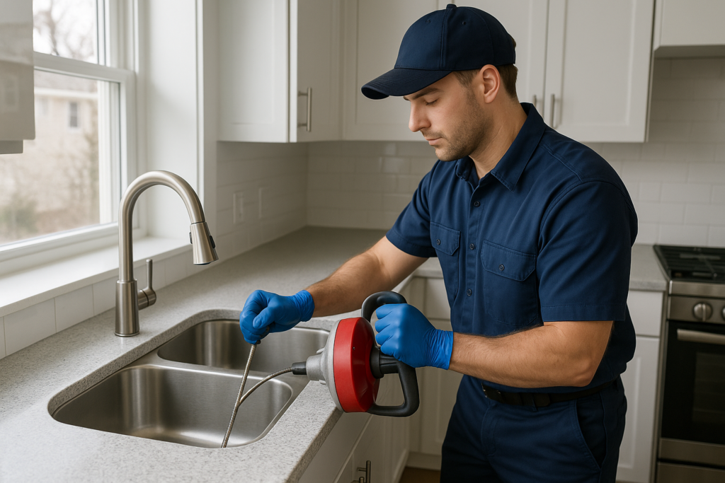 Photorealistic professional plumber in clean navy uniform using a drain snake on a kitchen sink drai