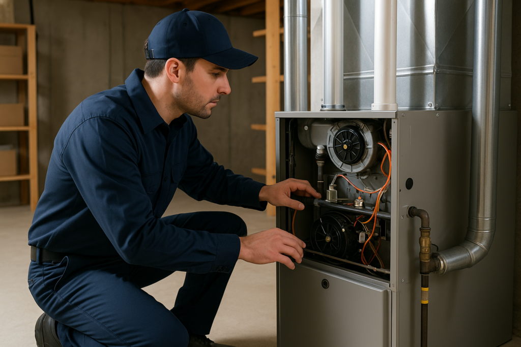 Photorealistic professional HVAC technician in clean navy uniform inspecting a gas furnace in a well