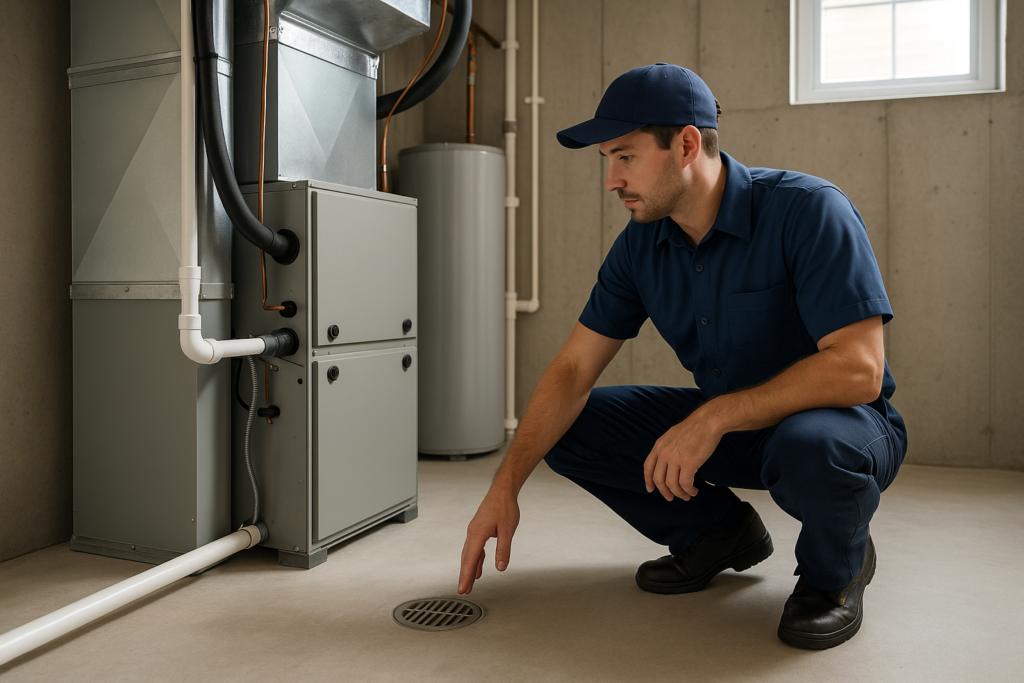 Photorealistic professional HVAC and plumbing technician in clean navy uniform inspecting a central