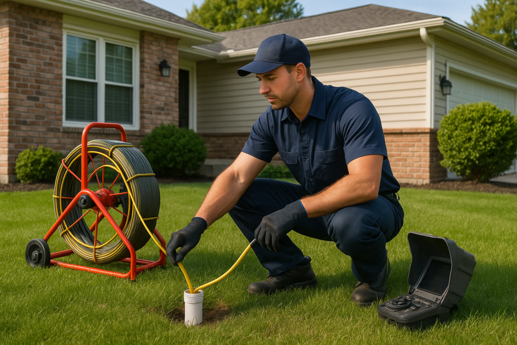 Photorealistic professional plumber in clean navy uniform performing a sewer camera inspection throu
