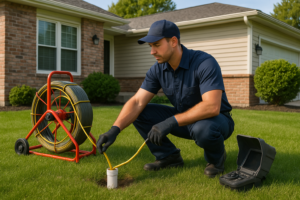 Photorealistic professional plumber in clean navy uniform performing a sewer camera inspection throu
