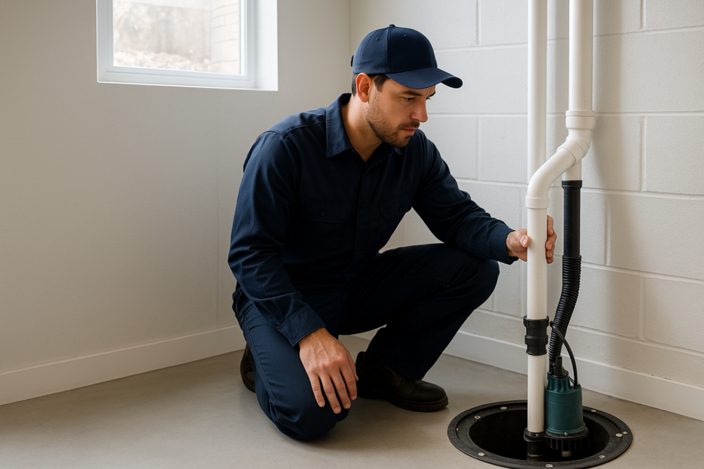 Photorealistic professional plumber in clean navy uniform inspecting a sump pump system in a dry mod