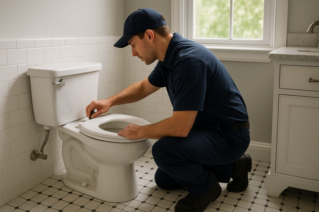 Photorealistic professional plumber in clean navy uniform kneeling beside a white toilet performing