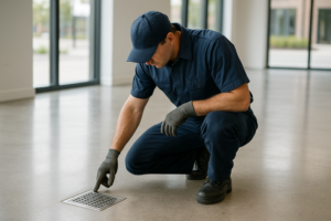 Photorealistic professional plumber in clean navy uniform inspecting a floor drain in a modern light