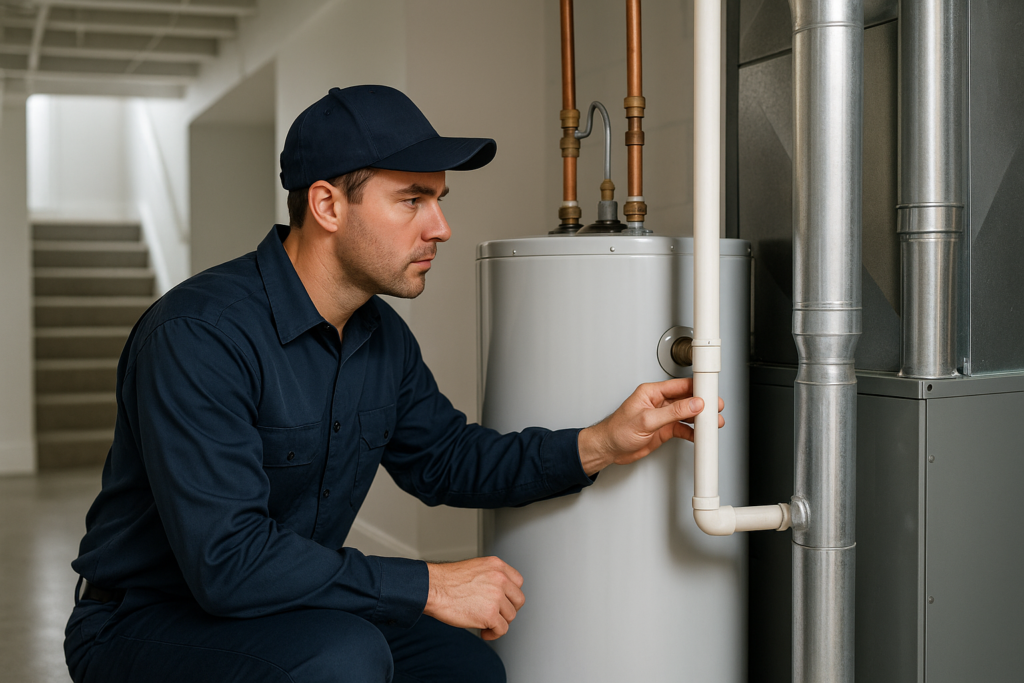 Photorealistic professional plumber in clean navy uniform inspecting a water heater and HVAC condens