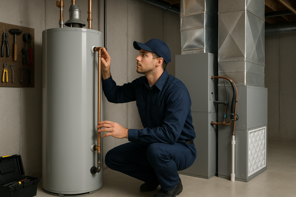 Photorealistic professional technician in clean navy uniform inspecting both a water heater and HVAC