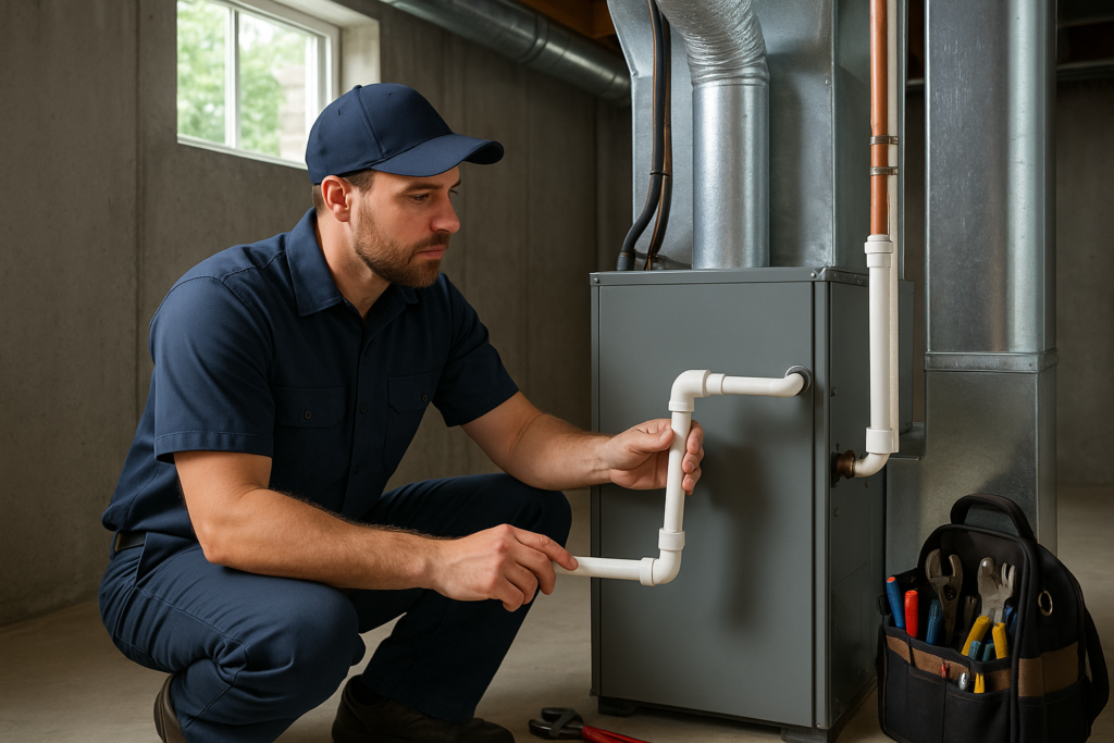 Photorealistic professional HVAC and plumbing technician in clean navy uniform inspecting an AC air