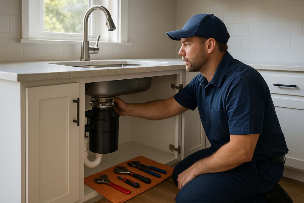 Photorealistic professional plumber in clean navy uniform inspecting a garbage disposal unit under a