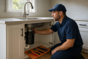 Photorealistic professional plumber in clean navy uniform inspecting a garbage disposal unit under a