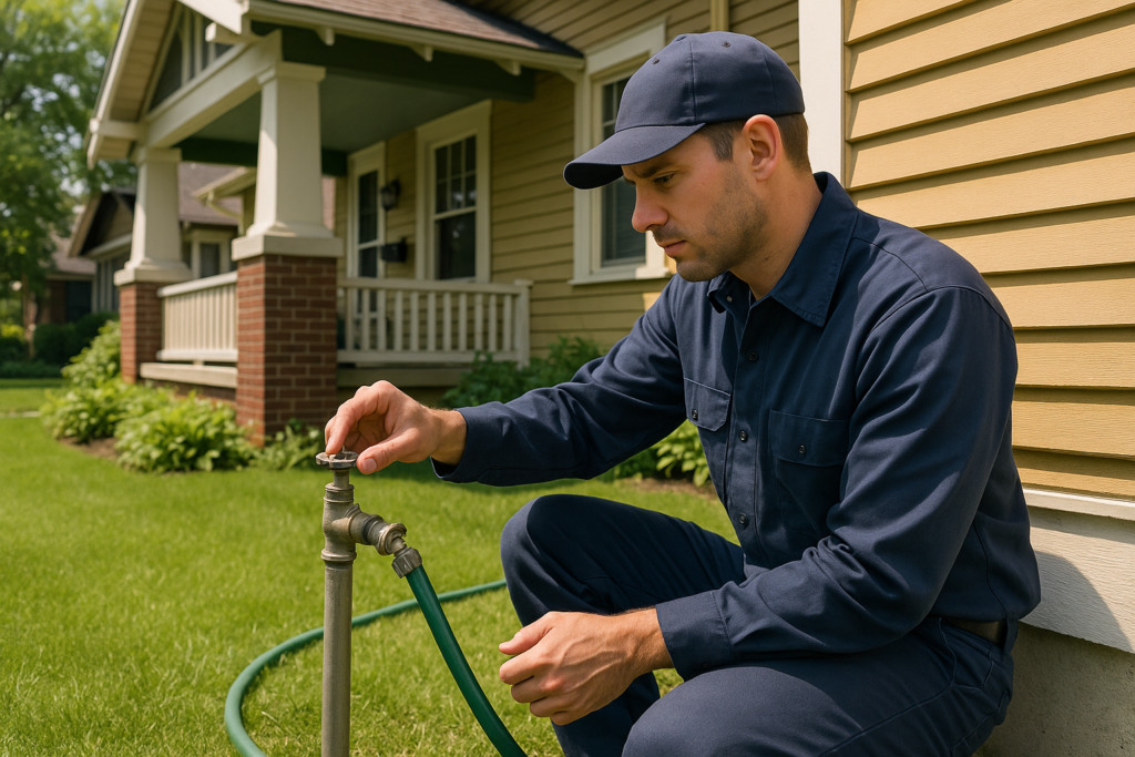 Photorealistic professional plumber in clean navy uniform inspecting an outdoor hose bib on the exte