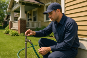Photorealistic professional plumber in clean navy uniform inspecting an outdoor hose bib on the exte