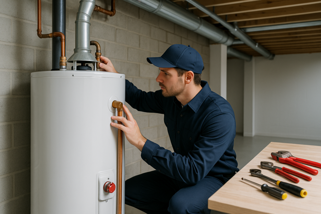 Photorealistic professional plumber in clean navy uniform inspecting a standard tank water heater in
