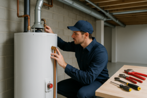 Photorealistic professional plumber in clean navy uniform inspecting a standard tank water heater in