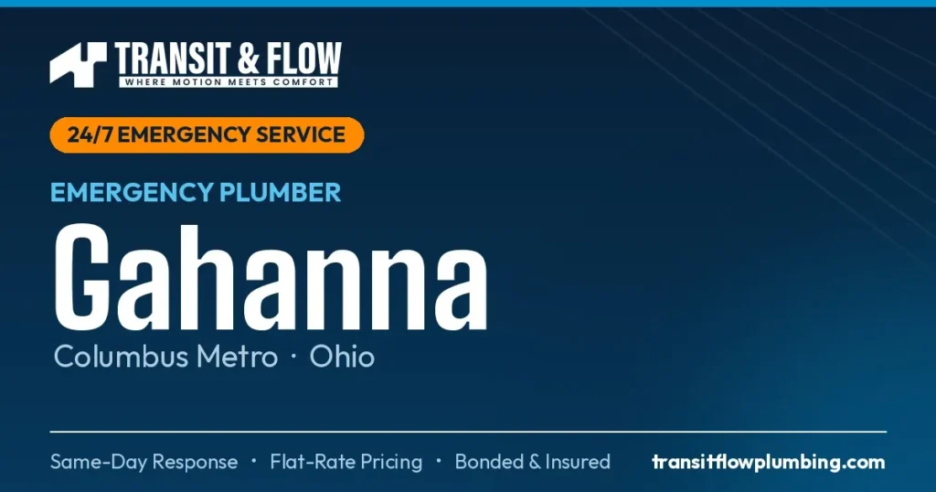 Transit & Flow — 24/7 Emergency Plumber in Gahanna, Columbus Metro Ohio. Same-day response, flat-rate pricing, bonded & insured.
