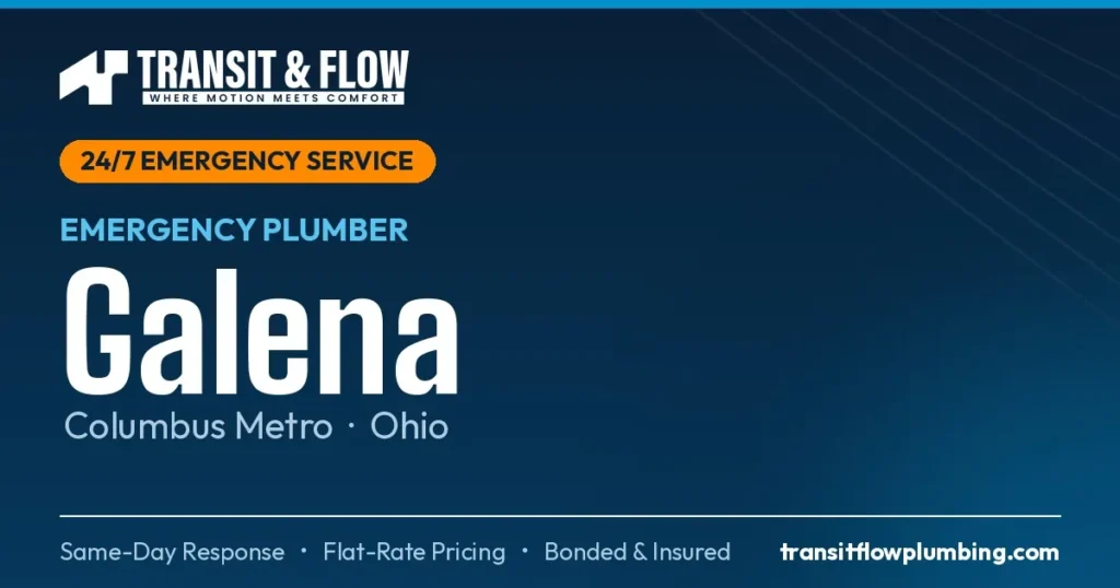 Transit & Flow — 24/7 Emergency Plumber in Galena, Columbus Metro Ohio. Same-day response, flat-rate pricing, bonded & insured.